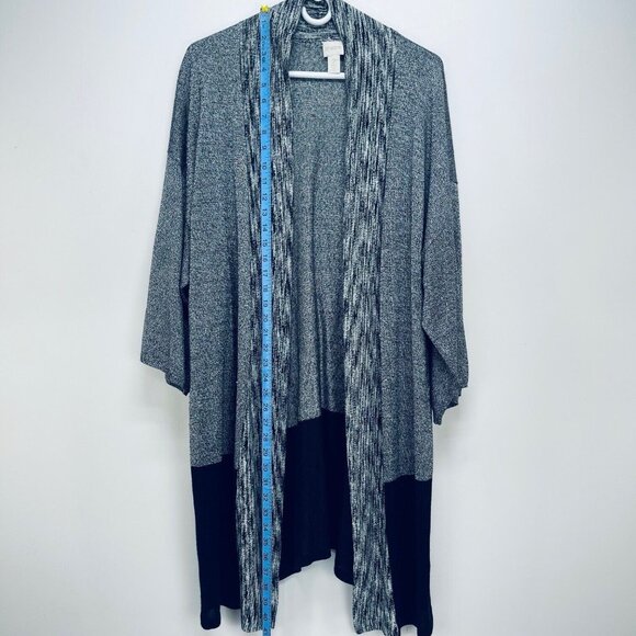 Chicos Sweater Cardigan Sz 2 Black Gray Knit Midi Kimono Open Front Casual - Picture 2 of 9